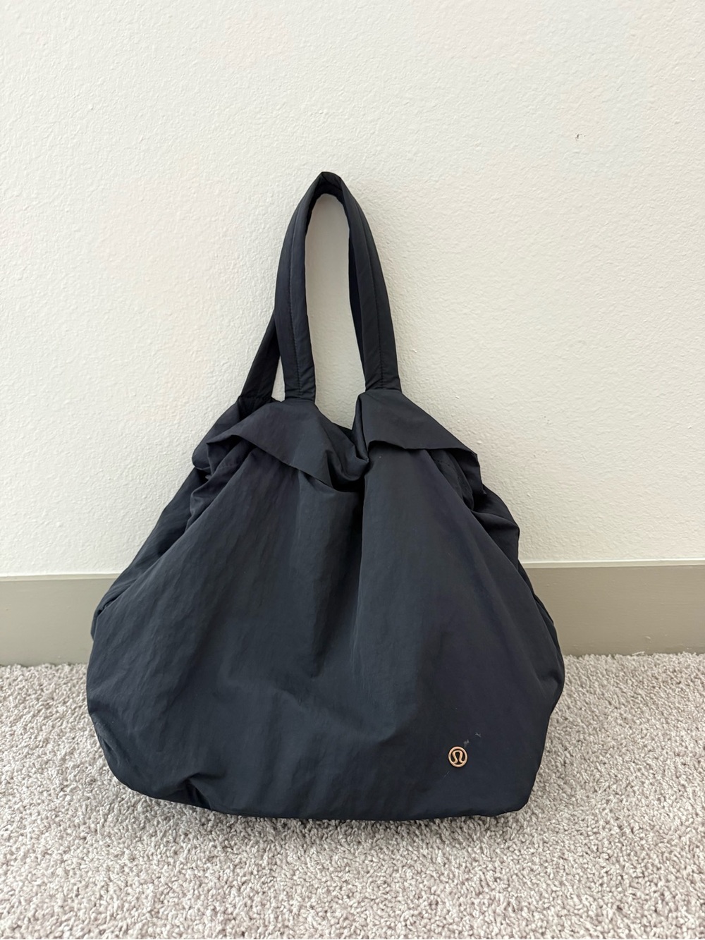 lululemon athletica Black Nylon Tote with Gold Logo Accent